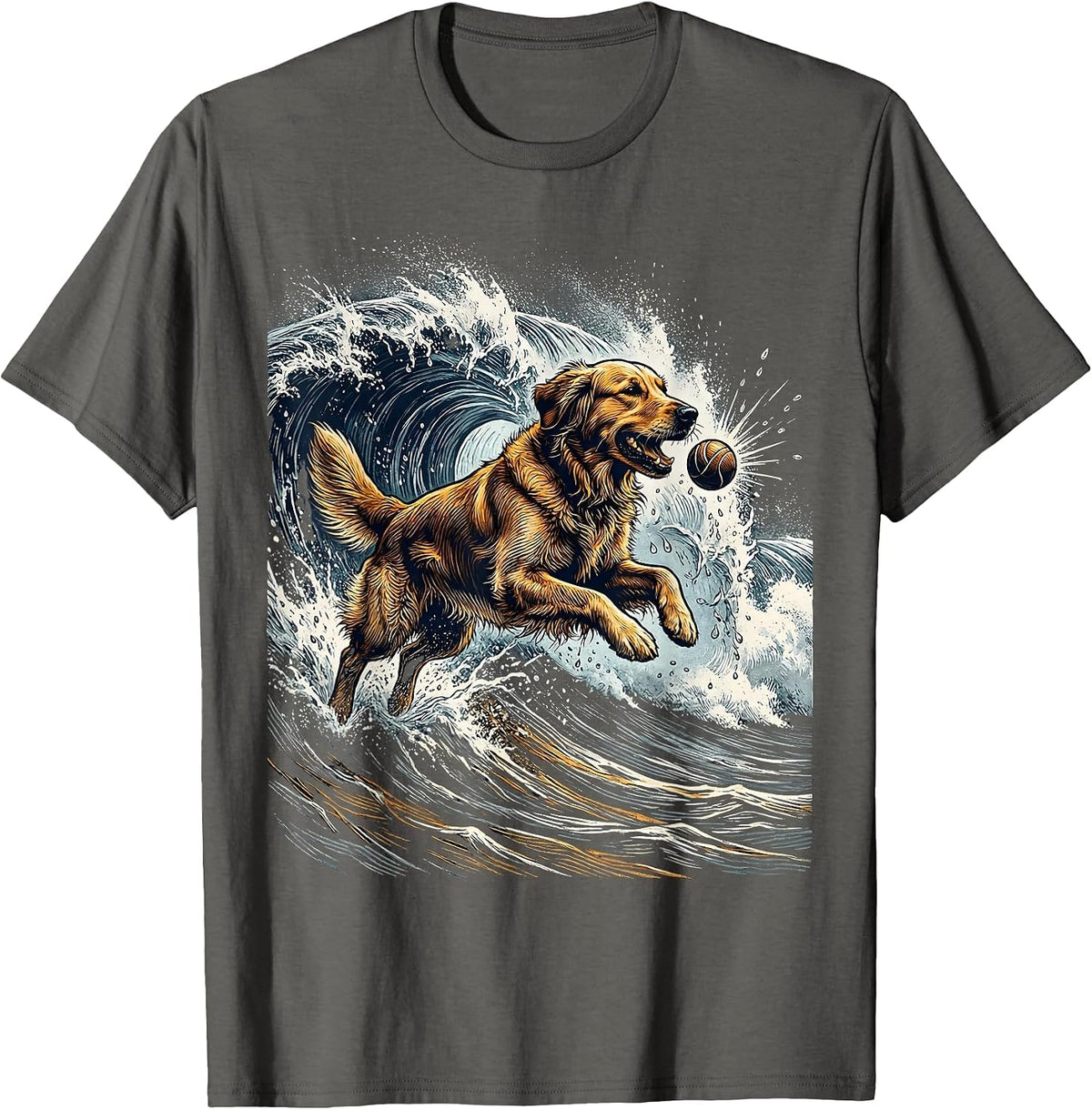 Golden Retriever Fetching Ball in Ocean Waves T-Shirt - Asphalt Grey