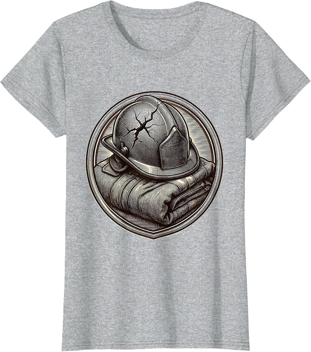 Cracked Firefighter Helmet and Folded Jacket Design T-Shirt - Heather Grey
