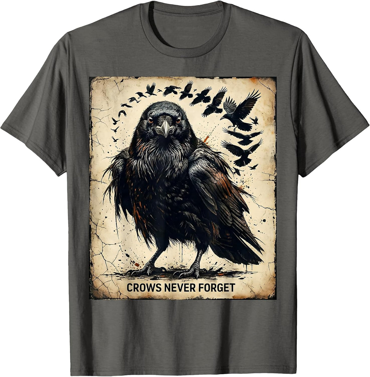 Crows Never Forget Clever Crow Design T-Shirt - Asphalt Grey