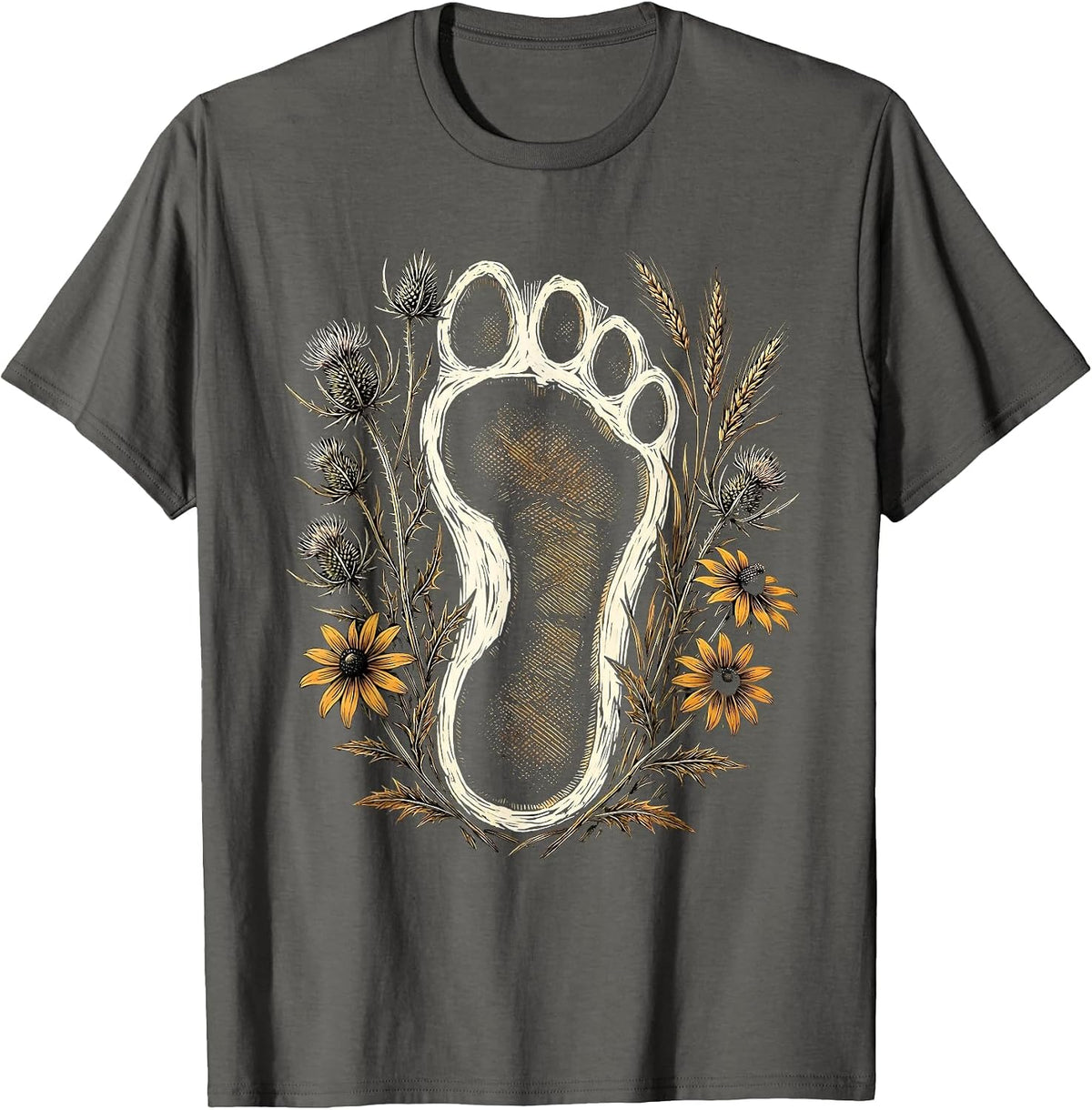 Horse Hoof Print Wildflower Floral Illustration T-Shirt - Asphalt Grey
