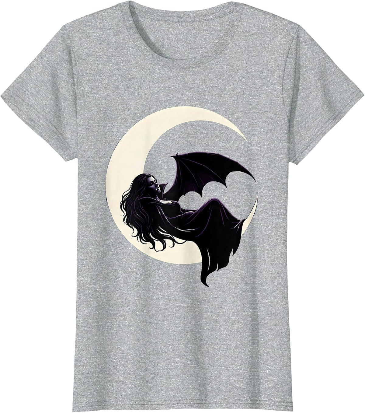 Women's Crescent Moon Sleeping Vampire Halloween Design T-Shirt - Heather Grey