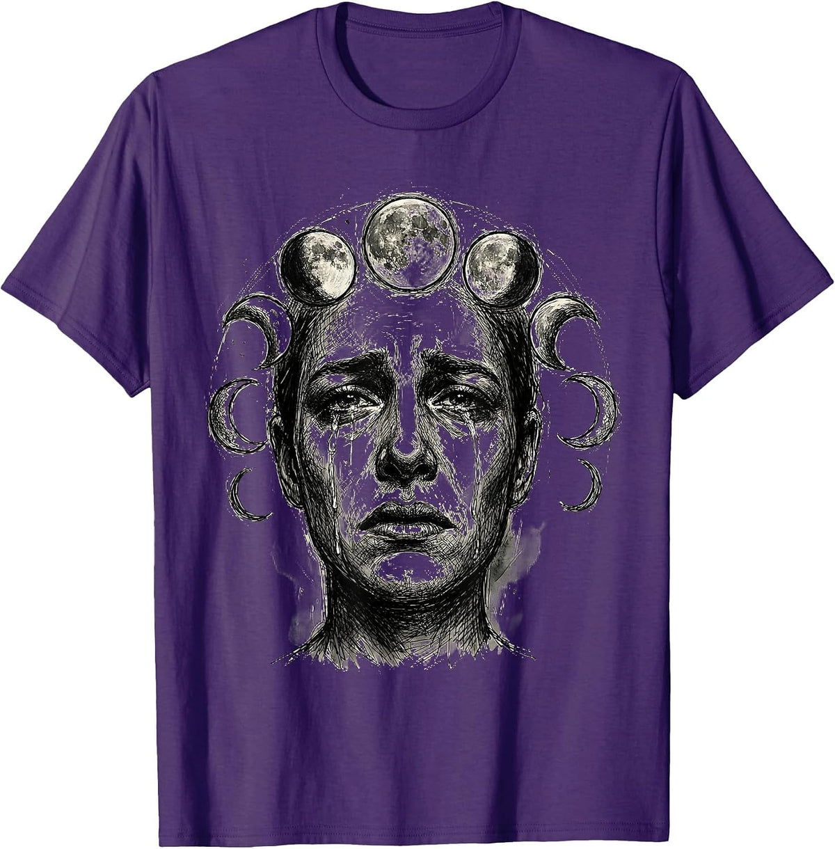Moon Phases Weeping Portrait Emo Graphic Tee T-Shirt - Purple