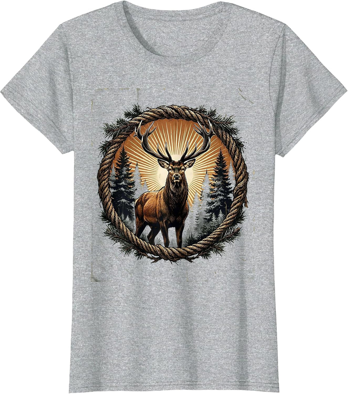 Women's Buck in Misty Forest Clearing Hunting Graphic T-Shirt - Heather Grey