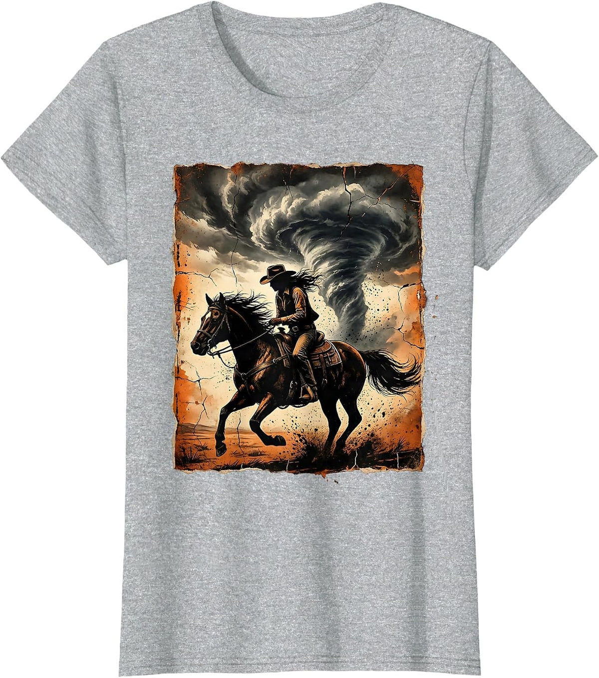 Women's Cowgirl Silhouette Riding Into Storm Clouds T-Shirt - Heather Grey