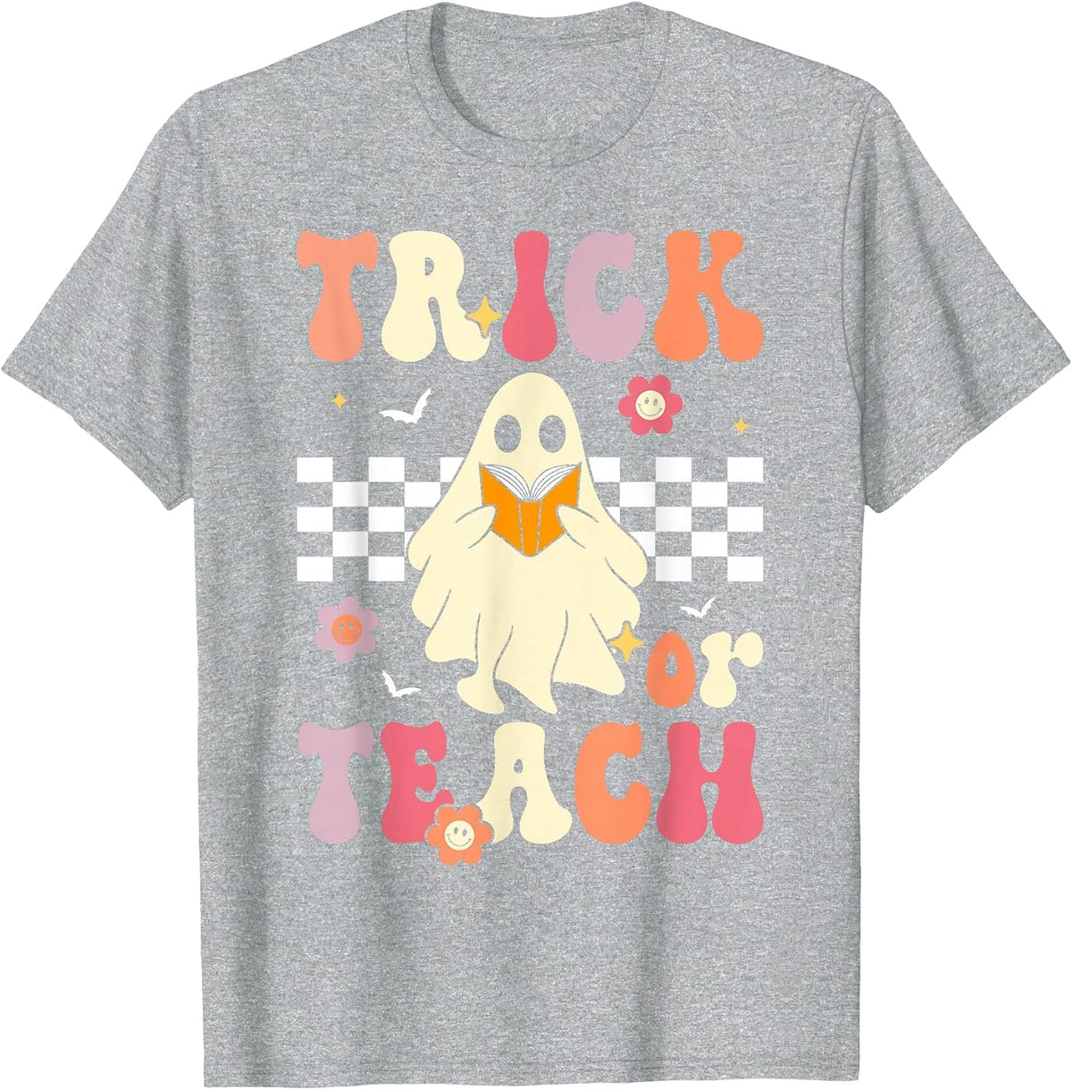 Groovy Teacher Halloween Retro Trick or Teach Floral Ghost T-Shirt - Heather Grey