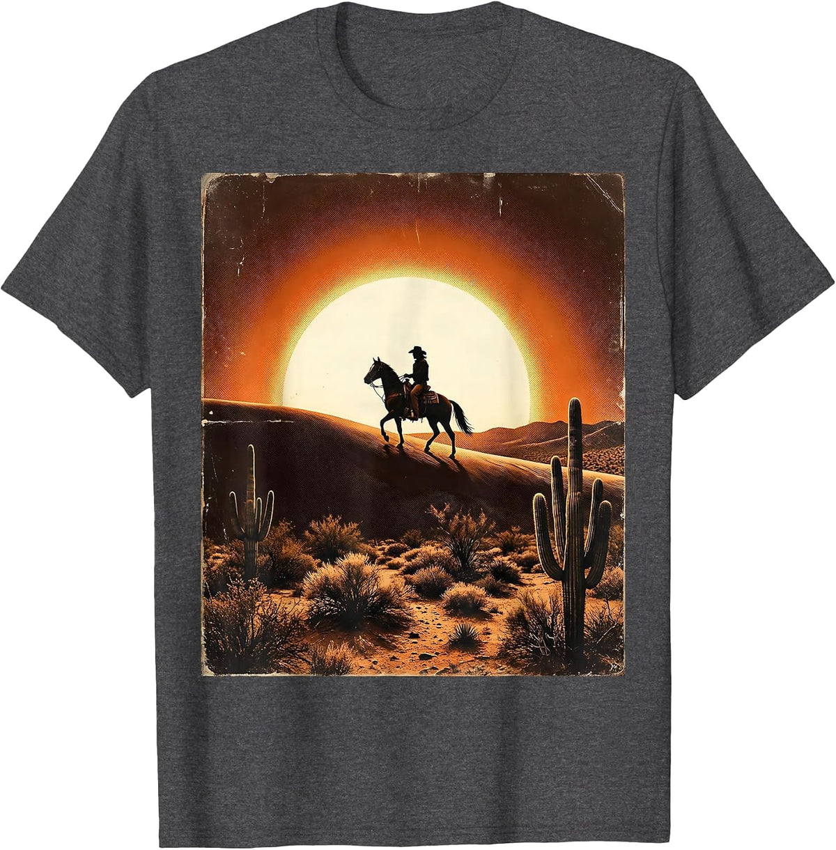 Lone Cowboy Riding at Dusk Texas Desert Design T-Shirt - Dark Heather Grey