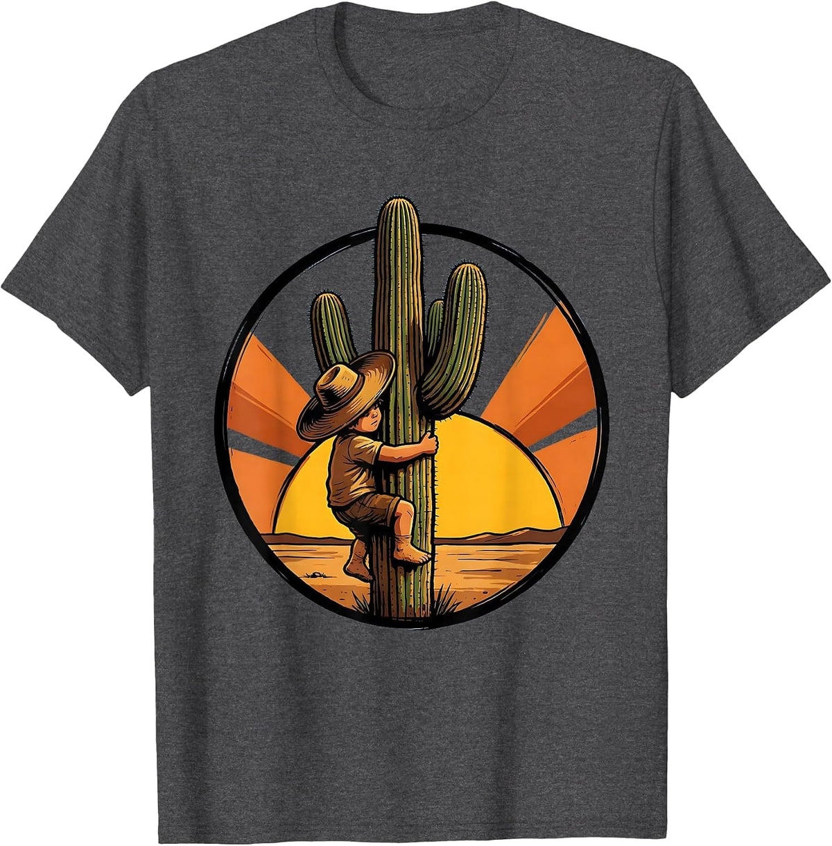 Mexican Boy Climbing Cactus Sunset Graphic Design T-Shirt - Dark Heather Grey