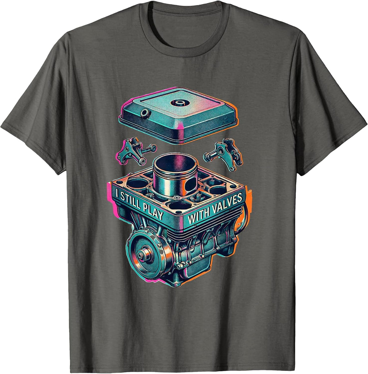 I Still Play With Valves Risograph Mechanic Engine Block T-Shirt - Asphalt Grey