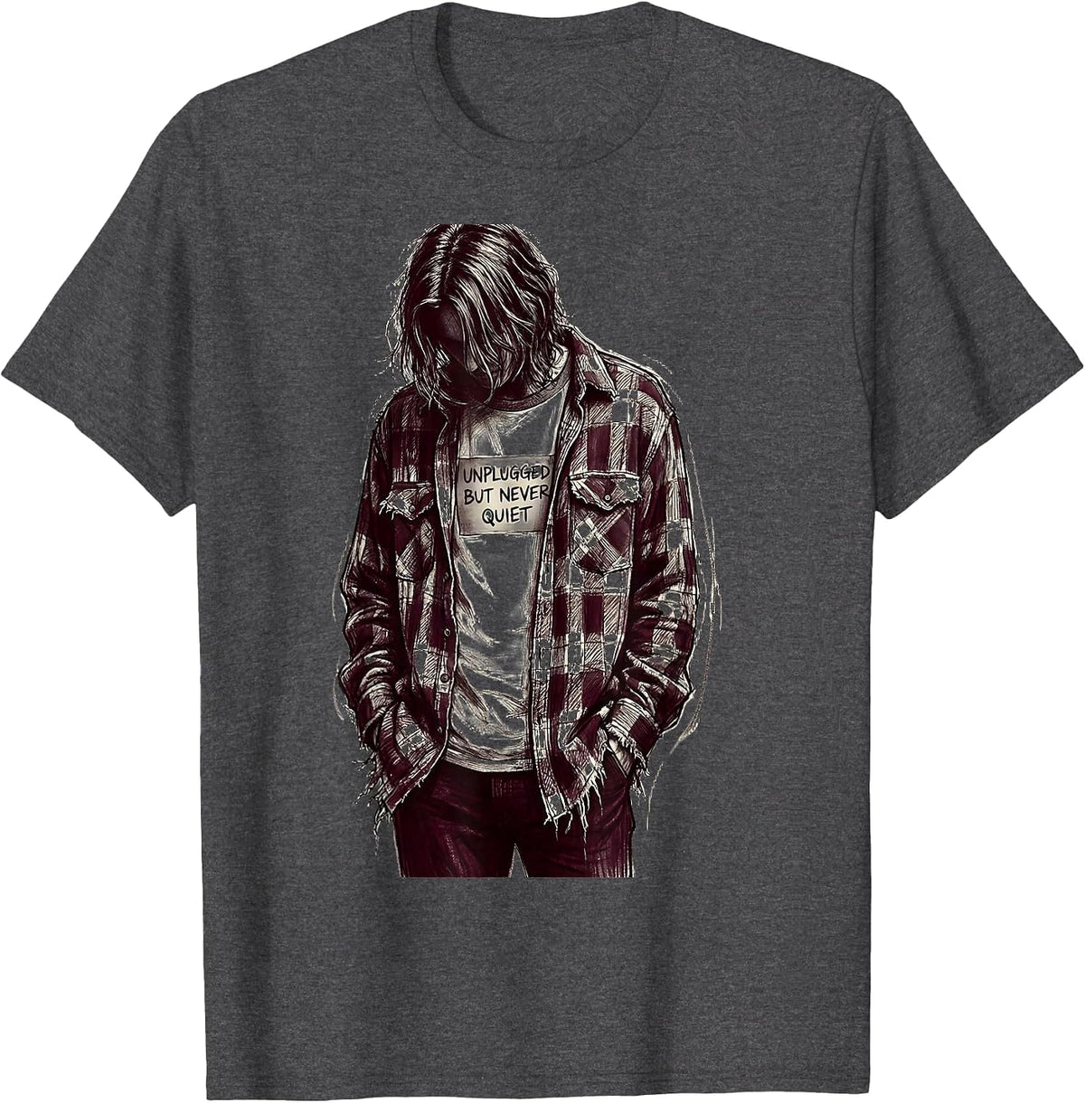 Men's Unplugged But Never Quiet Grunge Music Design T-Shirt - Dark Heather Grey