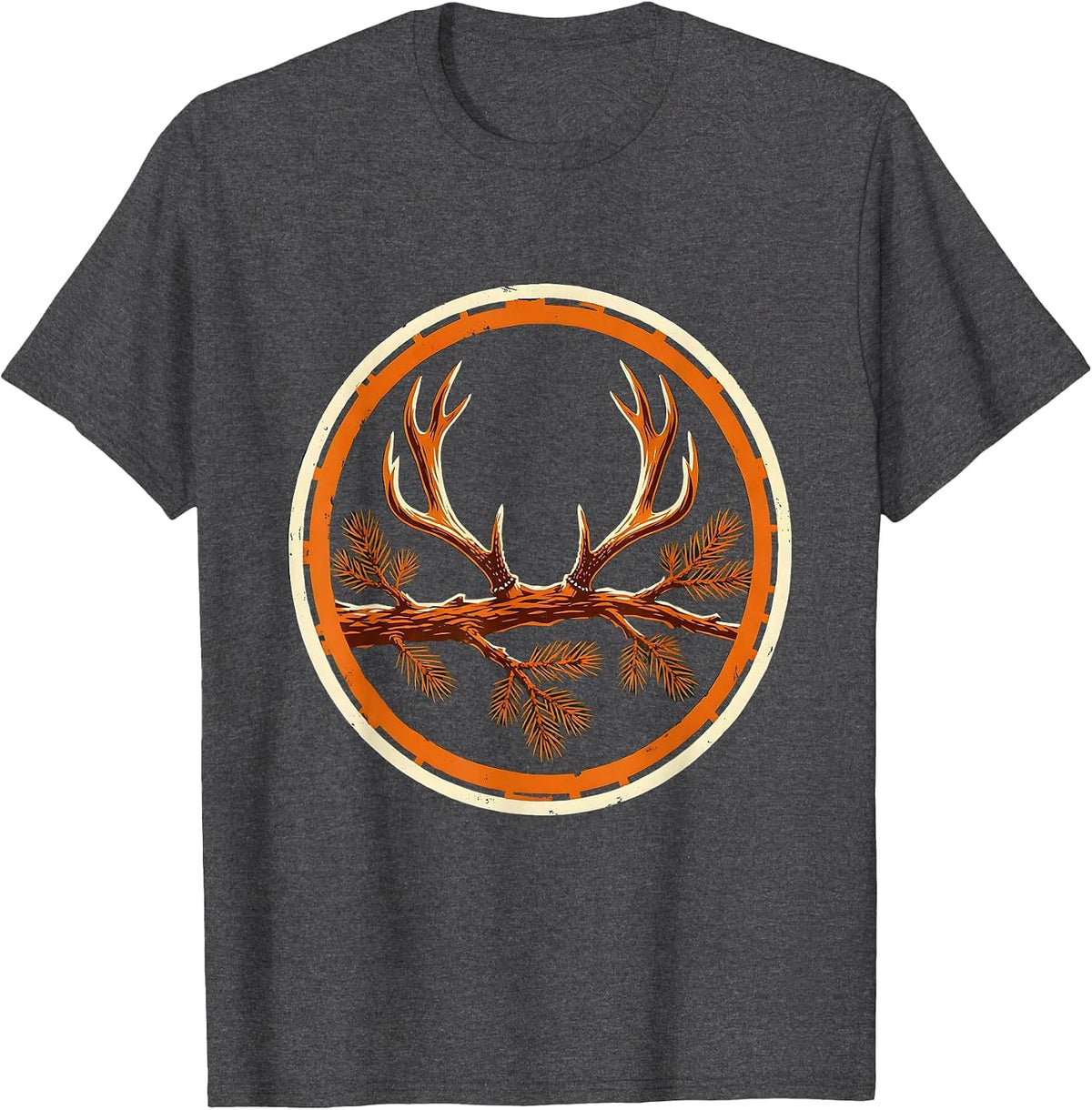 Men's Antler Shed on Pine Branch Hunting Illustration T-Shirt - Dark Heather Grey