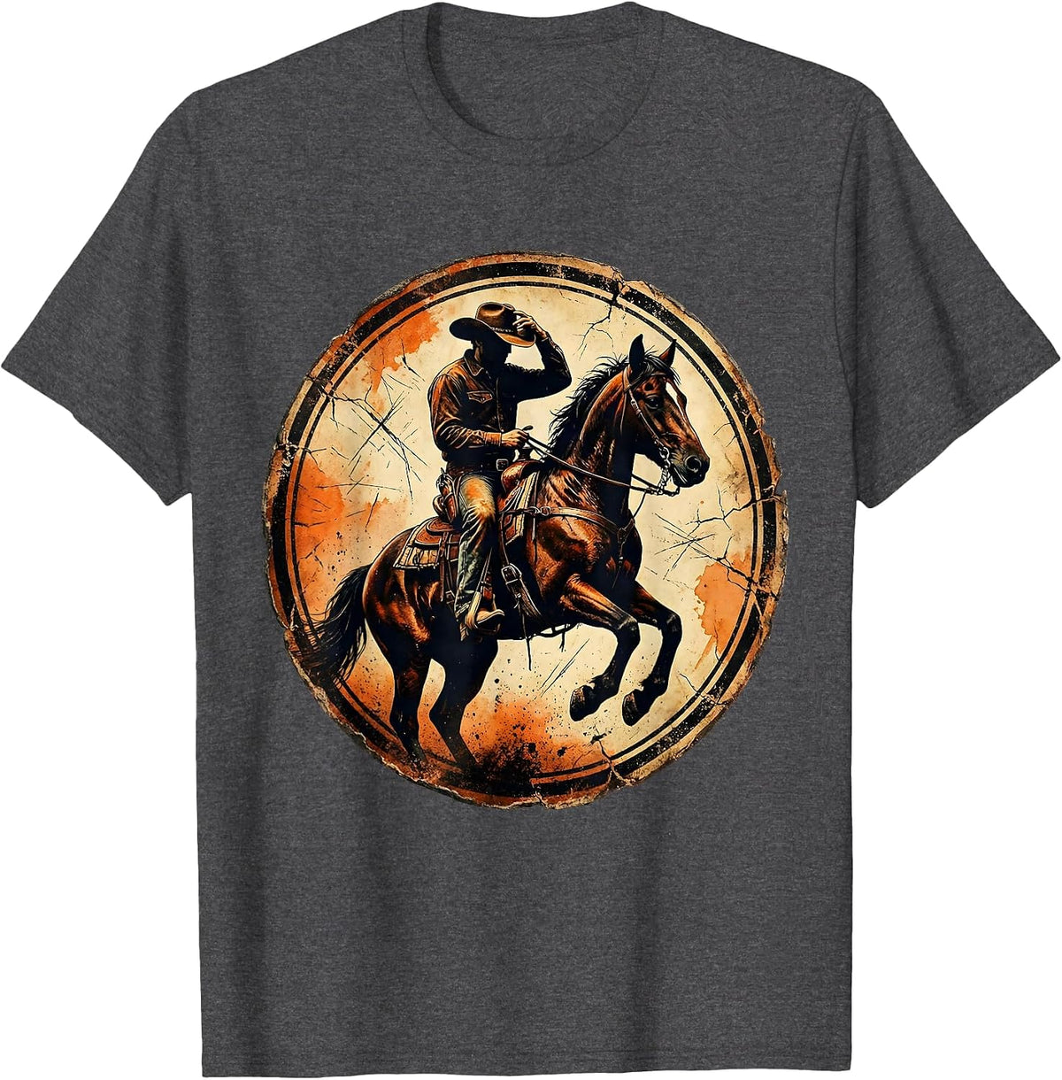 Young Cowboy Tipping Hat on Horseback Illustration T-Shirt - Dark Heather Grey