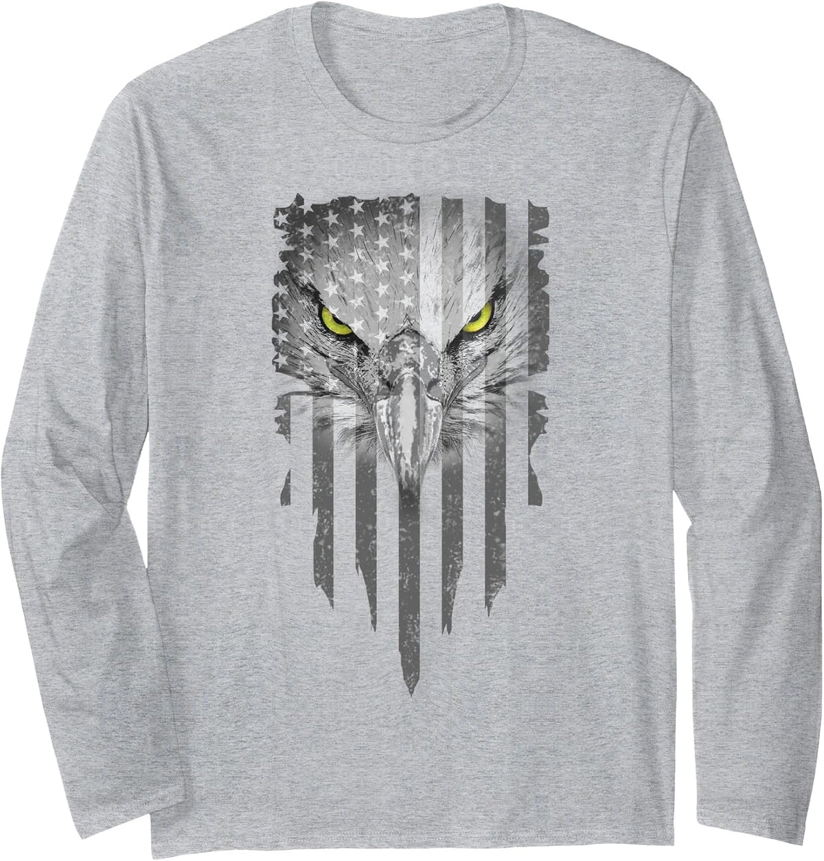 American Bald Eagle Eyes Design USA Flag Patriotic Long Sleeve T-Shirt - Adult Unisex Heather Grey