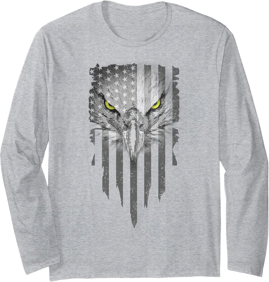 American Bald Eagle Eyes Design USA Flag Patriotic Long Sleeve T-Shirt - Adult Unisex Heather Grey
