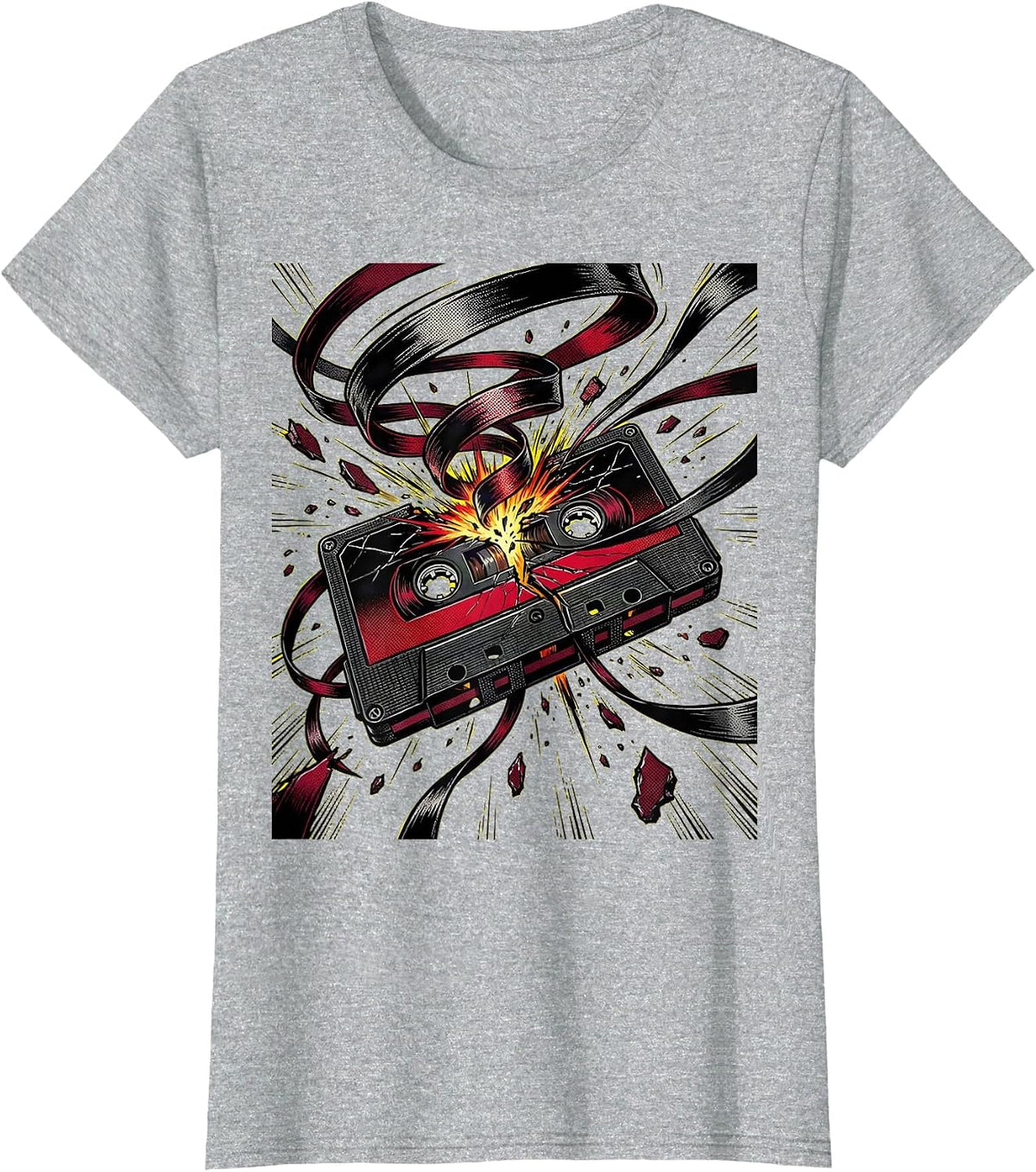 Cassette Tape Unraveling Wind Rock Music Graphic T-Shirt - Heather Grey
