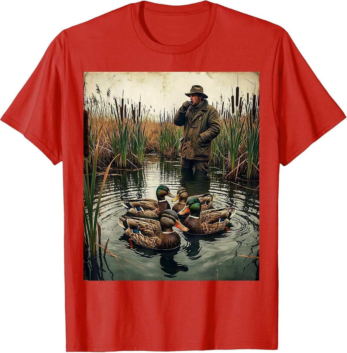 Men's Duck Hunter Calling With Decoys Graphic T-Shirt - Red