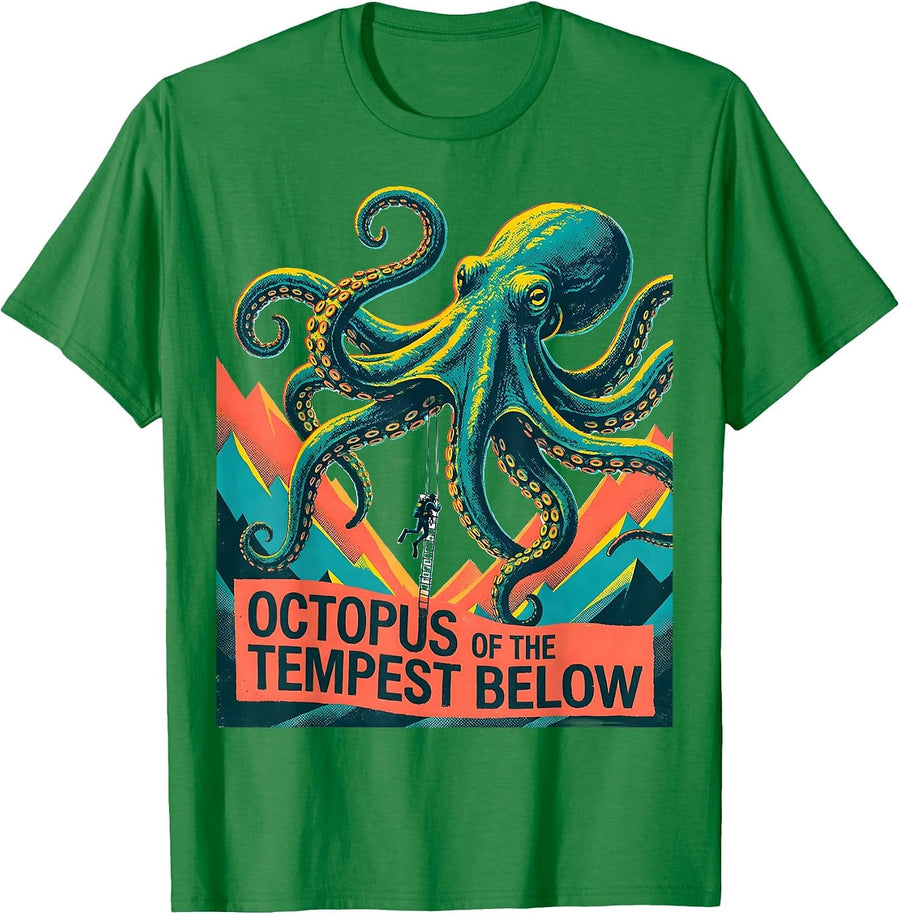 Men's Octopus of the Tempest Below Risograph Octopus Lover Ocean T-Shirt - Kelly Green