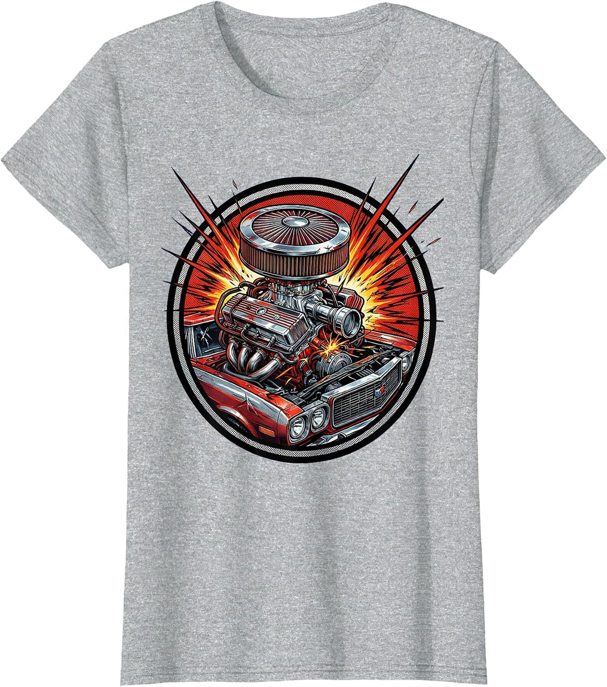 Gen X Muscle Car Engine Bursting Through Hood T-Shirt - Heather Grey