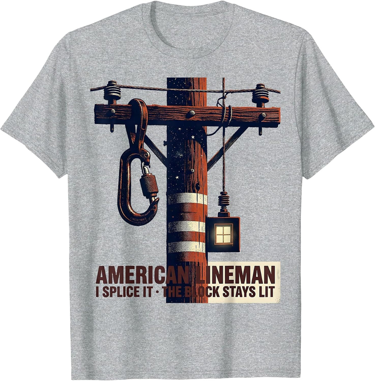 Men's American Lineman, I Splice It, The Block Stays Lit T-Shirt - Heather Grey