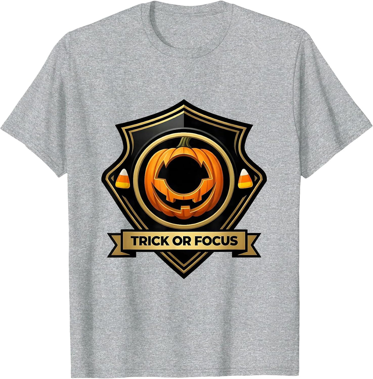 Men's Trick or Focus Emblem Funny Optometrist Halloween Eye Doctor T-Shirt - Heather Grey
