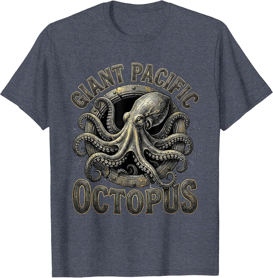 Giant Pacific Octopus Monochrome Octopus Lover Nautical Art T-Shirt - Heather Blue