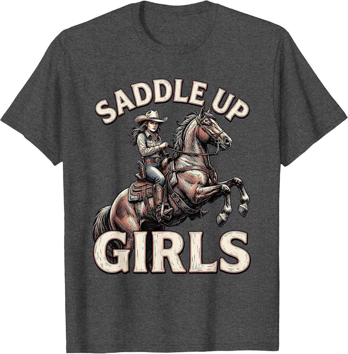Saddle Up Girls Cowgirl Western Design T-Shirt - Dark Heather Grey
