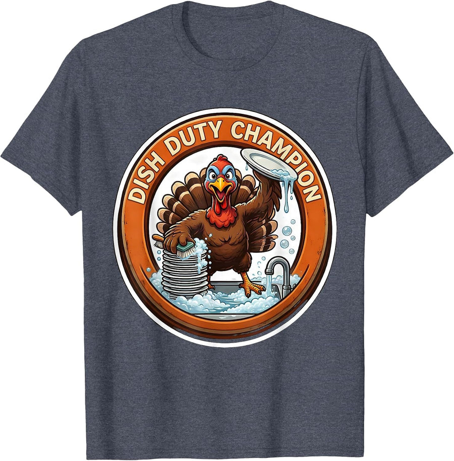 Dish Duty Champion Funny Thanksgiving Family Crew Turkey T-Shirt - Heather Blue