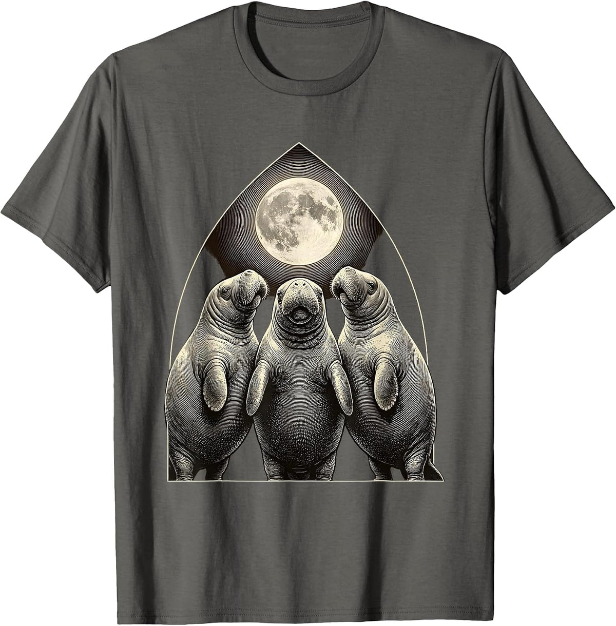 Men's Three Manatees Moon Crosshatch Etching Absurdist Meme T-Shirt - Asphalt Grey