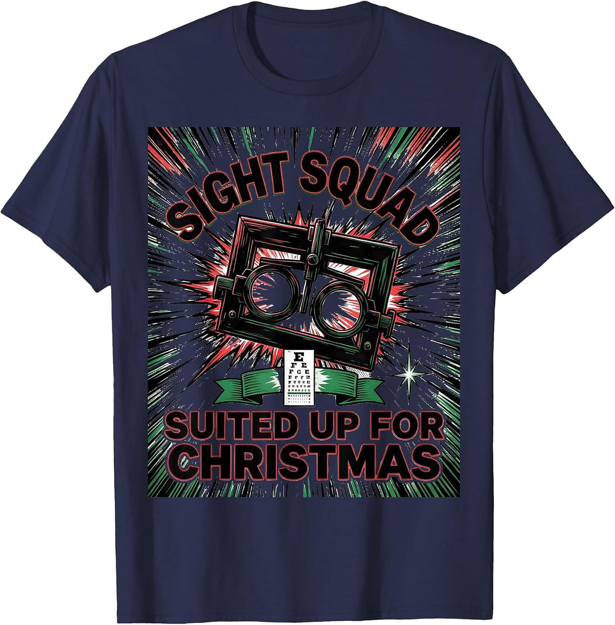 Men's Sight Squad, Suited Up For Christmas Comic Book Optometrist T-Shirt - Navy Blue