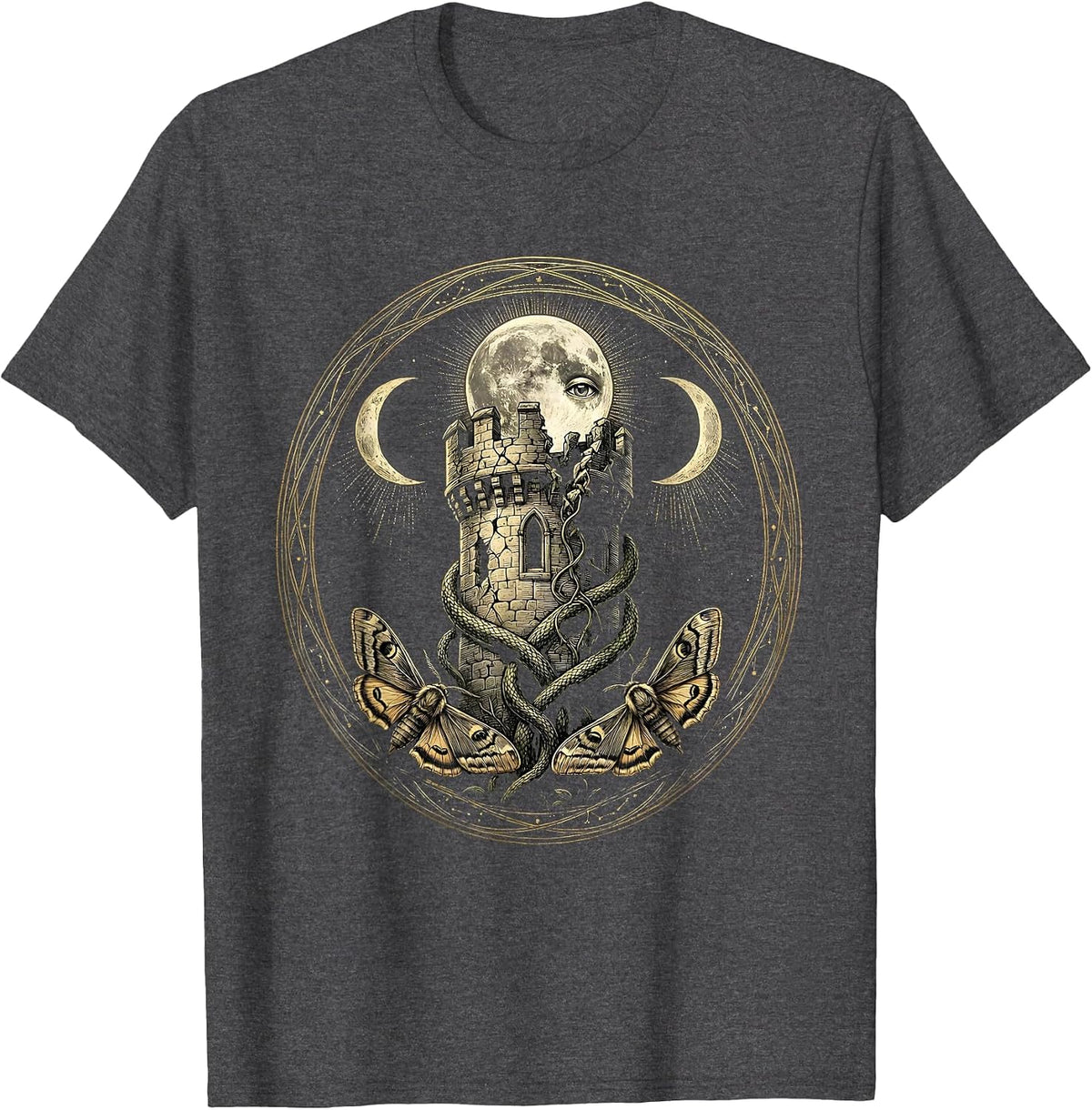 Crumbling Castle Dark Vines Heavy Metal Gothic Art T-Shirt - Dark Heather Grey