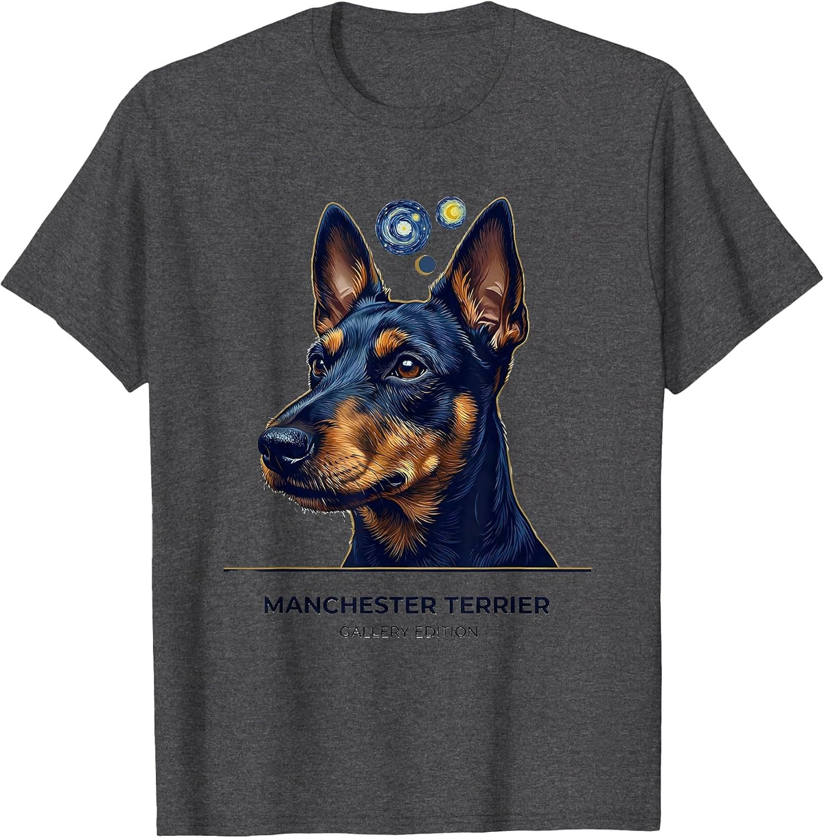 Manchester Terrier Gallery Edition Dog Breed Portrait Art T-Shirt - Dark Heather Grey