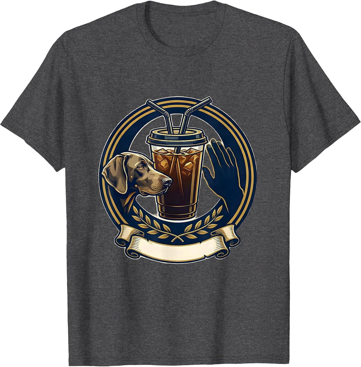 Weimaraner Drinking Iced Coffee Emblem Novelty Dog Breed T-Shirt - Dark Heather Grey