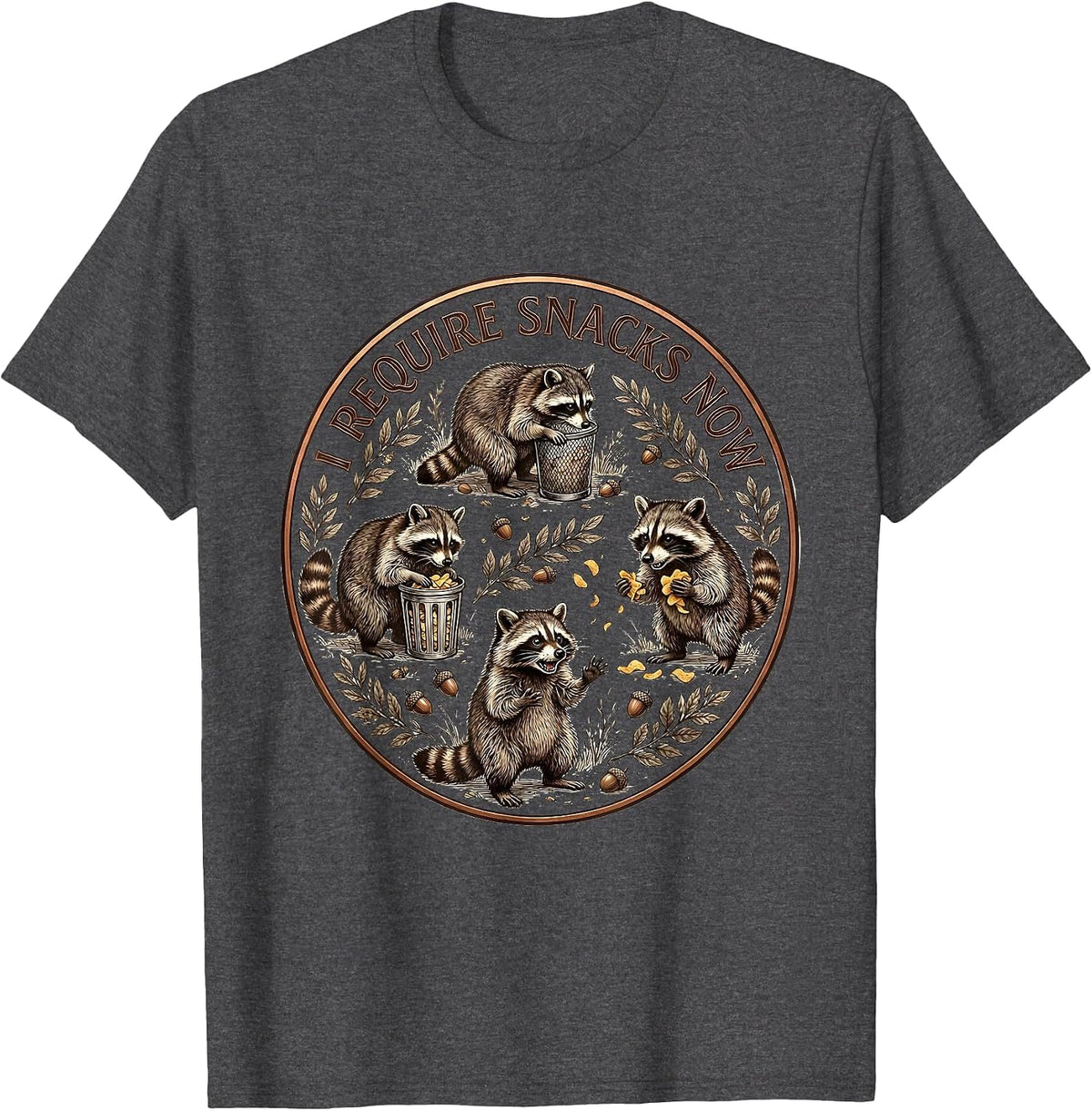 Men's I Require Snacks Now Funny Raccoon Design T-Shirt - Dark Heather Grey