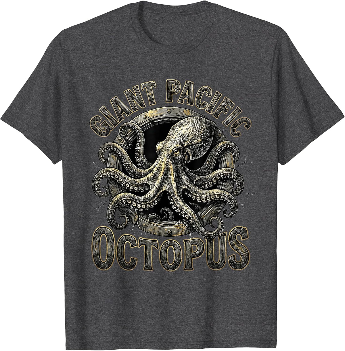 Giant Pacific Octopus Monochrome Octopus Lover Nautical Art T-Shirt - Dark Heather Grey