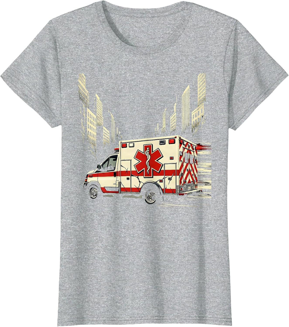 EMT Ambulance Speeding Through City at Night T-Shirt - Heather Grey