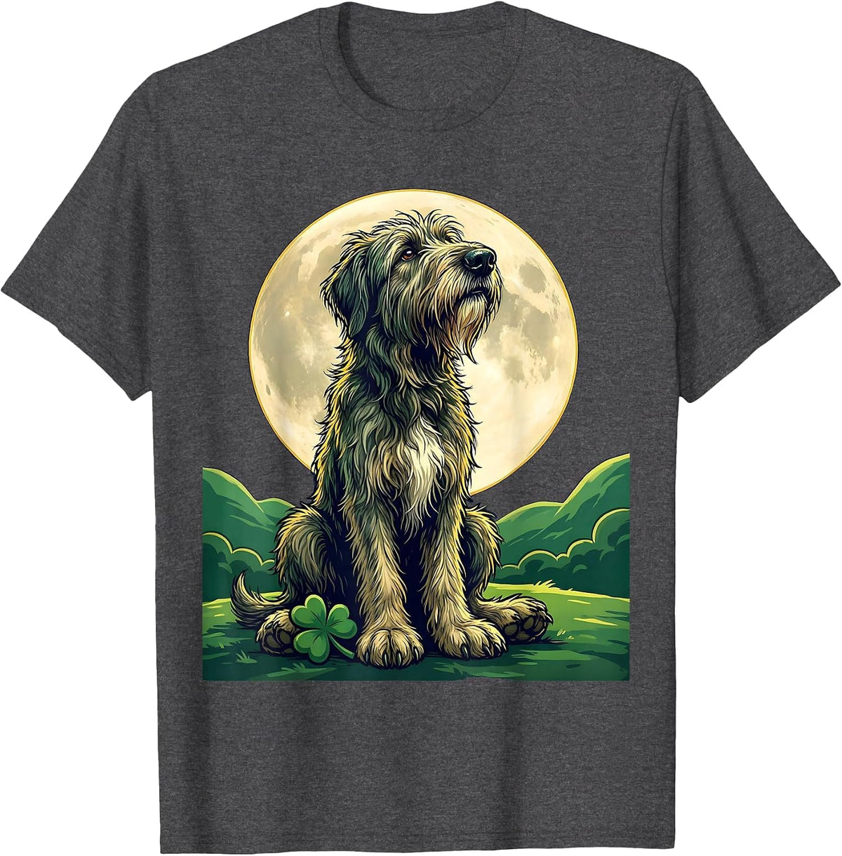 Irish Wolfhound Full Moon Night Illustration T-Shirt - Dark Heather Grey