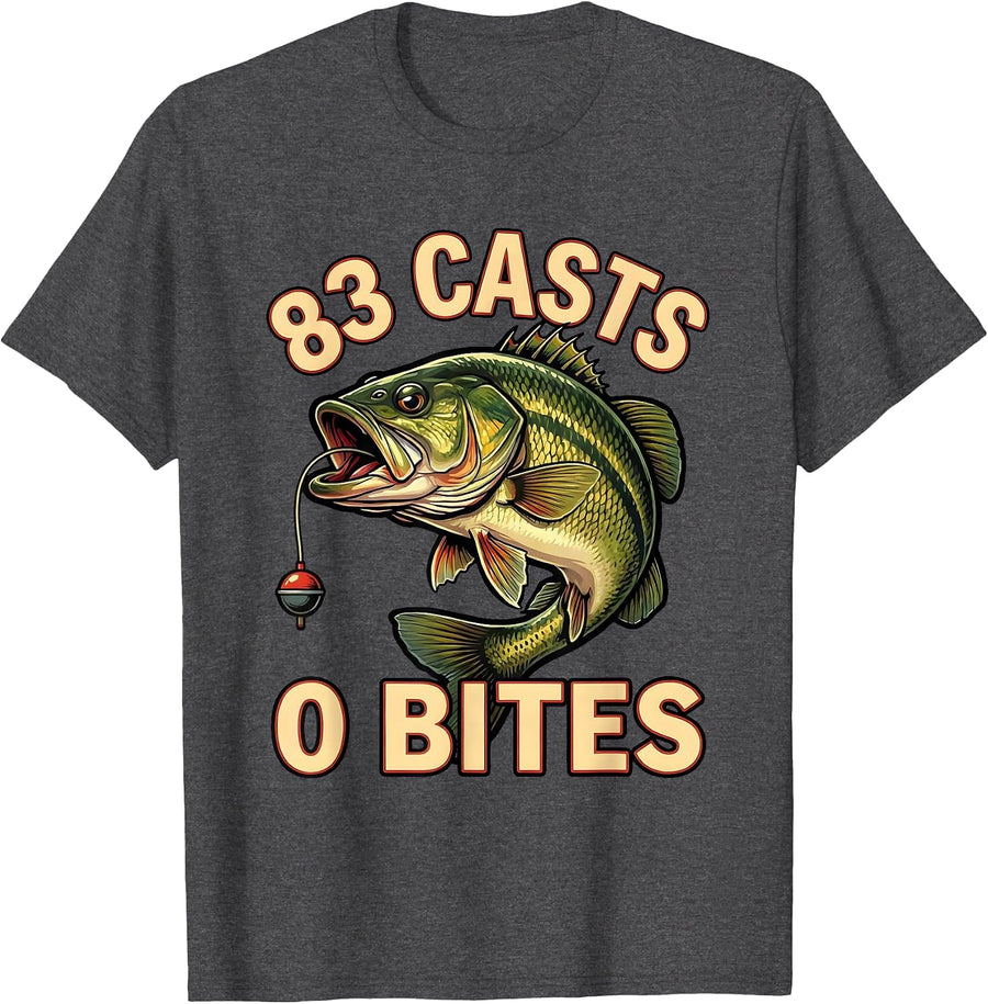 Men's 83 Casts 0 Bites Funny Bass Fishing Humor Fisherman Gift T-Shirt - Dark Heather Grey