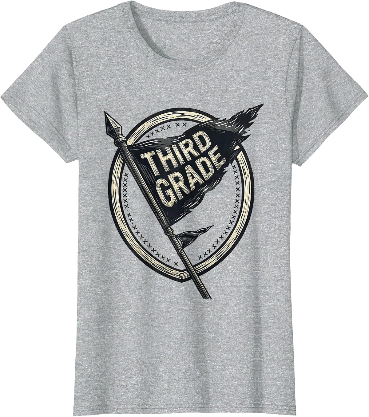 Women's Third Grade Linocut Shield Pennant Back to School Teacher T-Shirt - Heather Grey