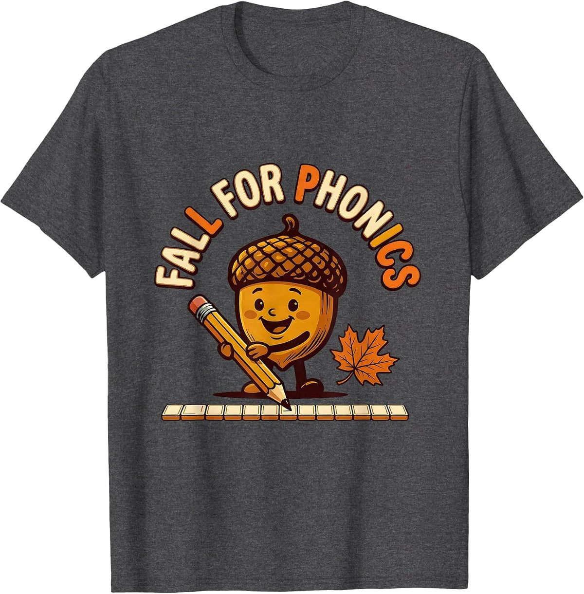 Men's Fall For Phonics Retro Teacher Fall Classroom Wear T-Shirt - Dark Heather Grey