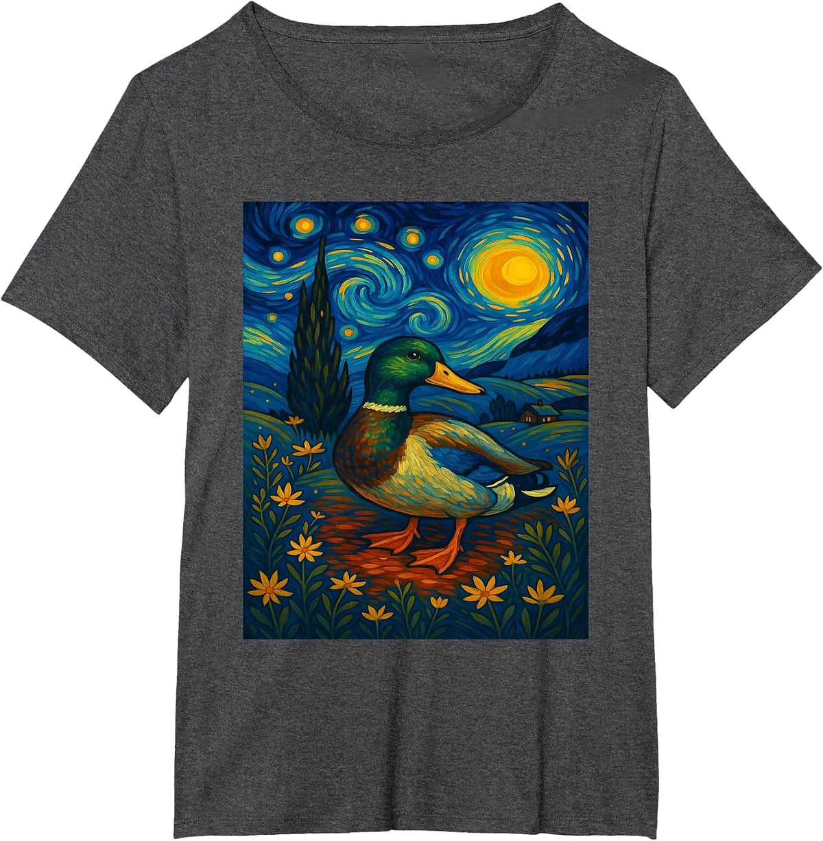 Starry Night Mallard Duck Van Gogh Style Hunting Farmer Farm T-Shirt - Dark Heather Grey