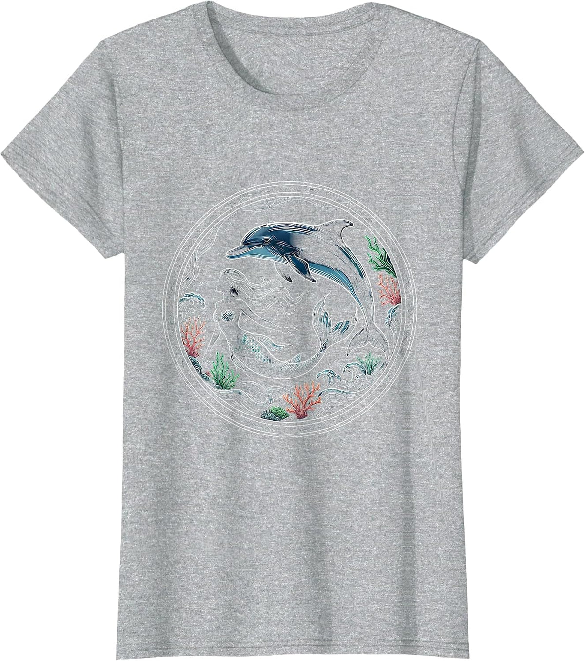 Mermaid and Dolphin Ocean Swimming Illustration T-Shirt - Heather Grey