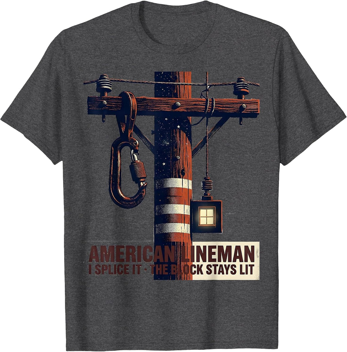 Men's American Lineman, I Splice It, The Block Stays Lit T-Shirt - Dark Heather Grey