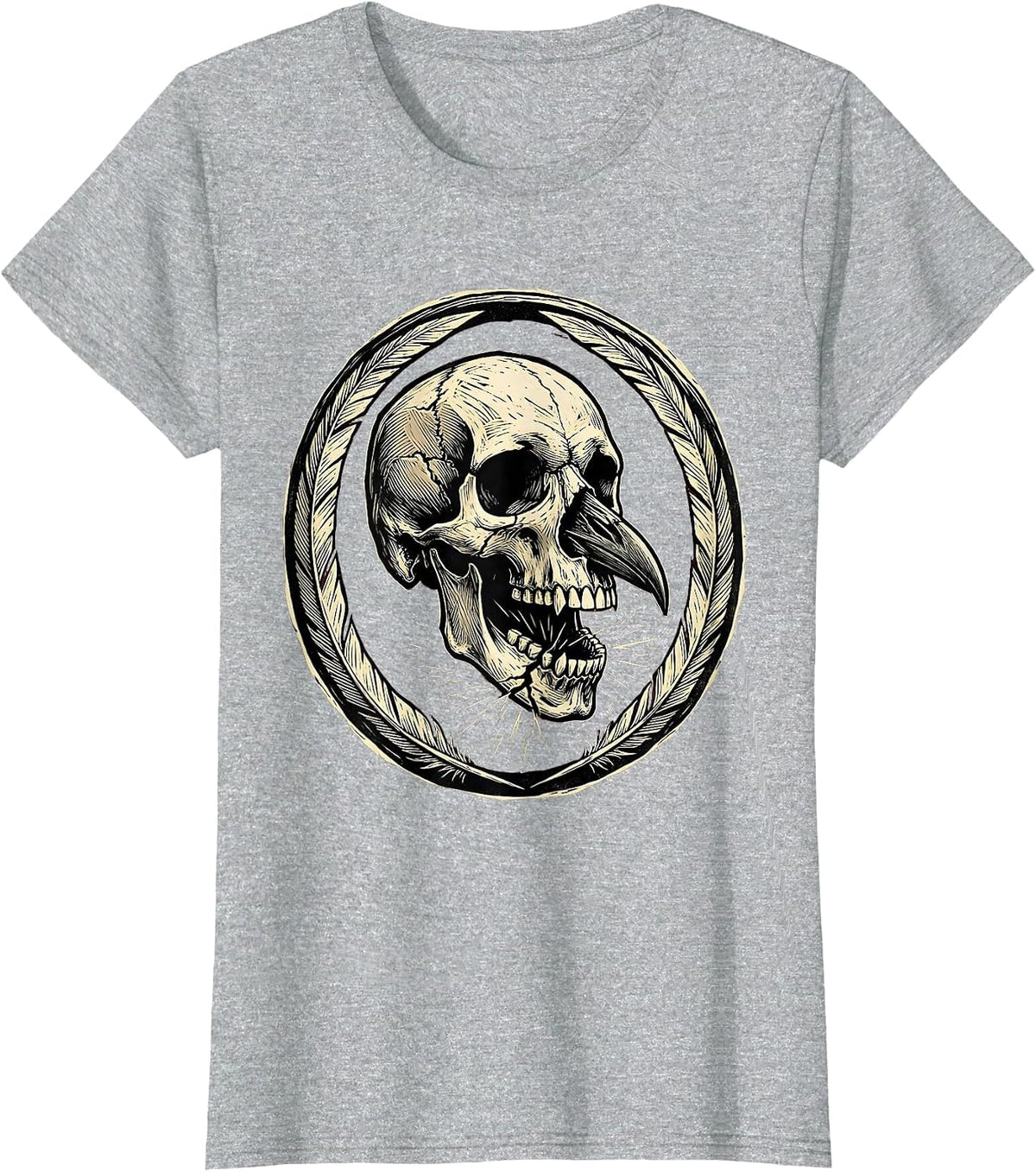 Crow Skull Cracked Beak Dark Gothic Illustration T-Shirt - Heather Grey