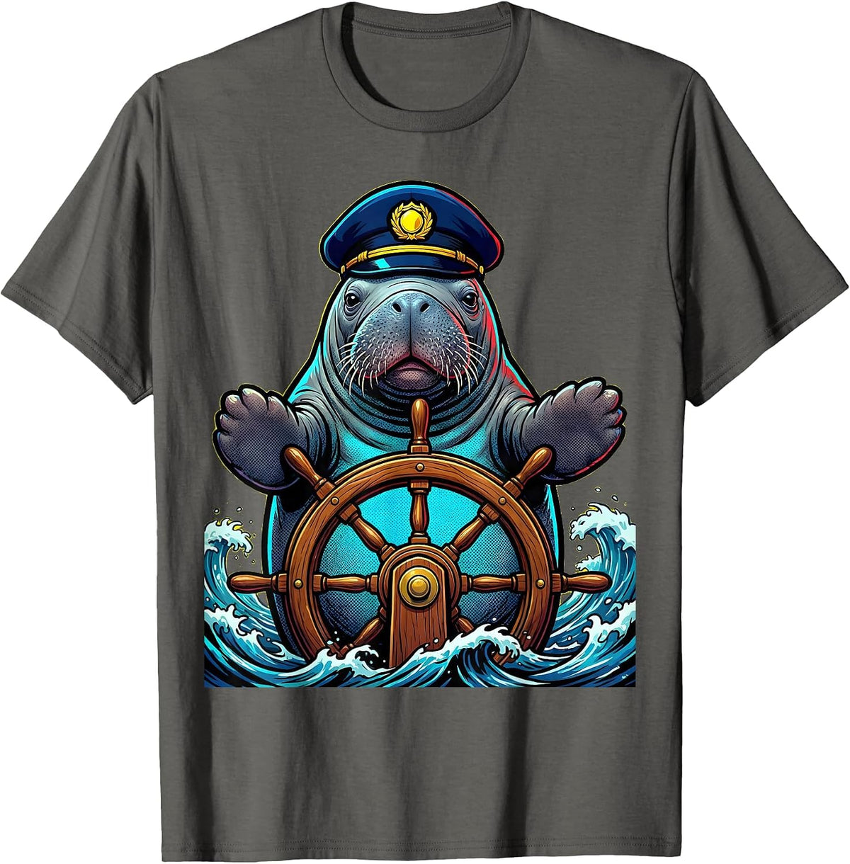 Men's Manatee Captain Steering Ship Nautical Design T-Shirt - Asphalt Grey