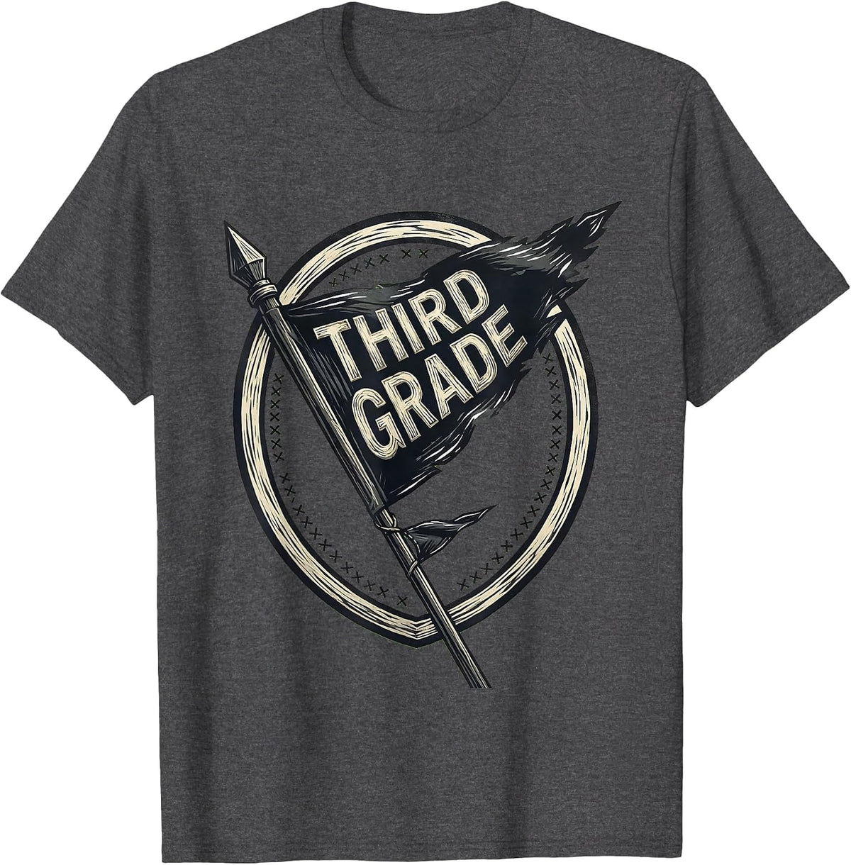 Men's Third Grade Linocut Shield Pennant Back to School Teacher T-Shirt - Dark Heather Grey