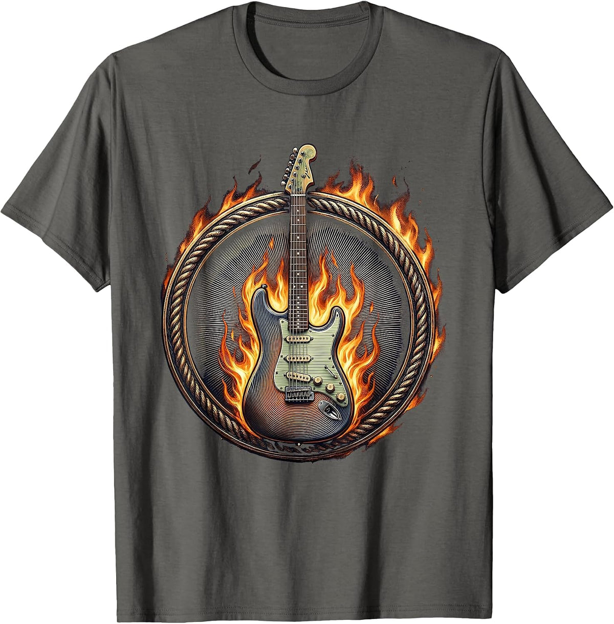 Men's Flaming Electric Guitar Metal Band Graphic T-Shirt - Asphalt Grey