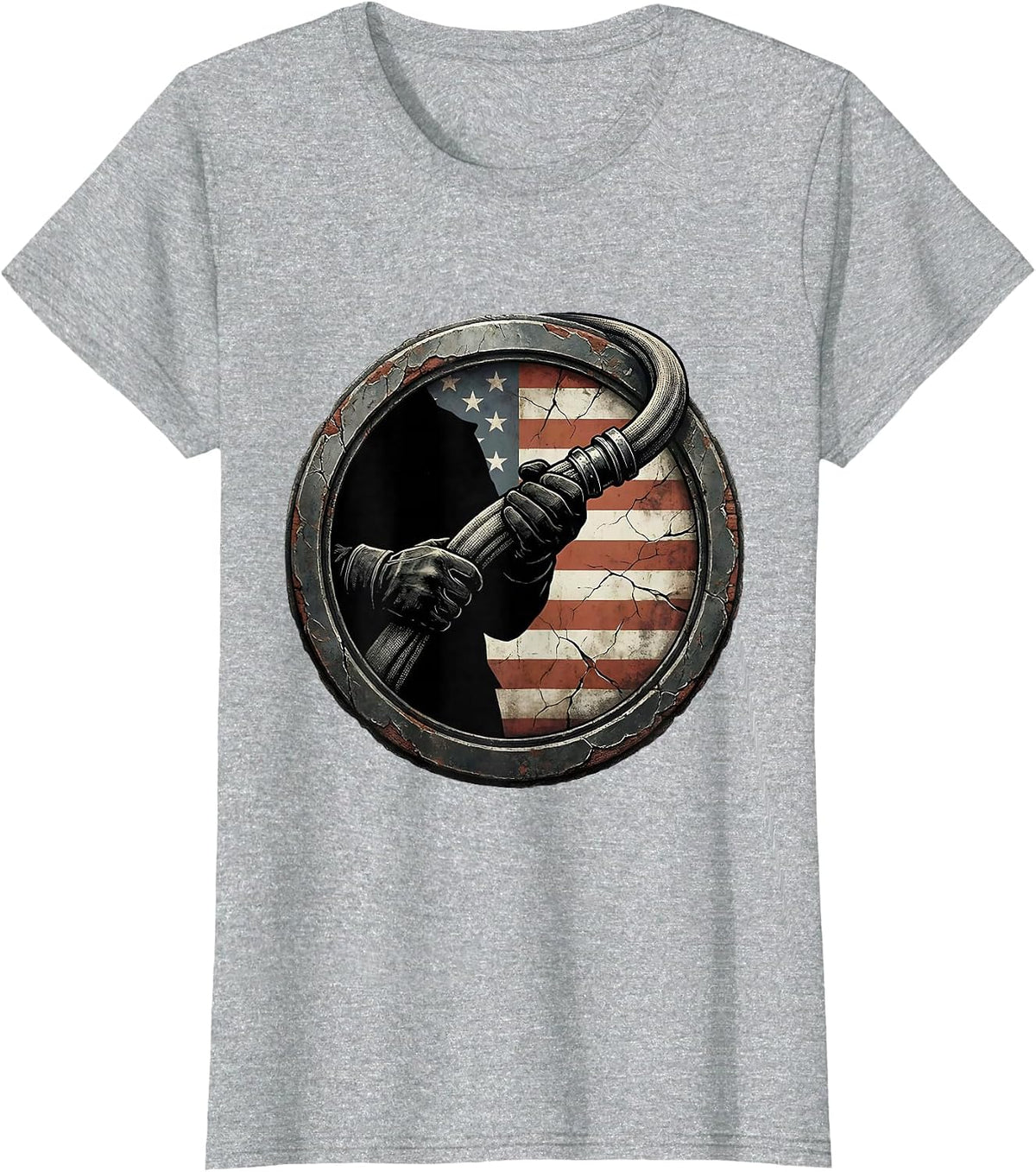 Firefighter Gripping Fire Hose Graphic Design T-Shirt - Heather Grey
