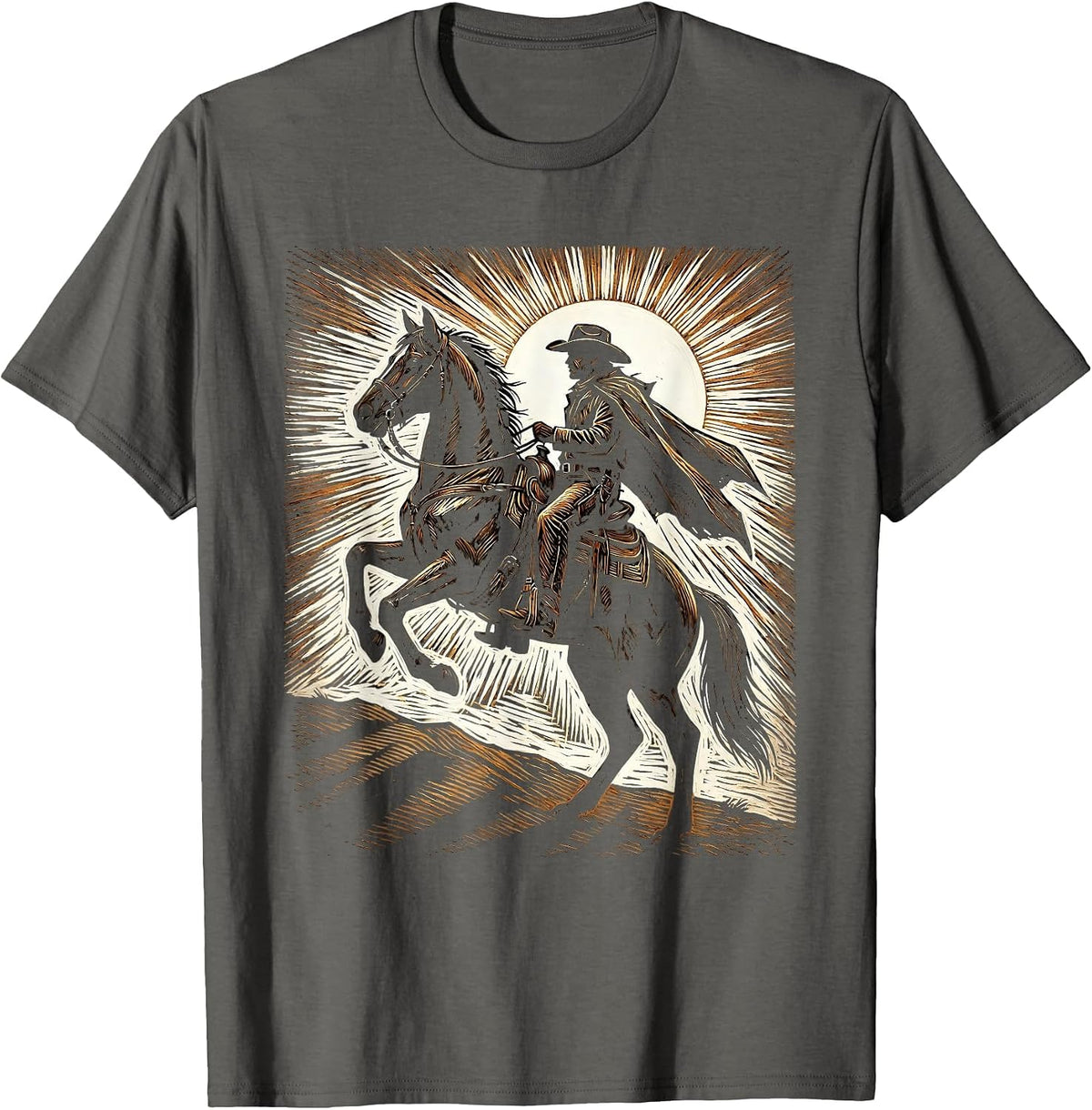 Cowboy Silhouette Sunset Horseback Riding Design T-Shirt - Asphalt Grey