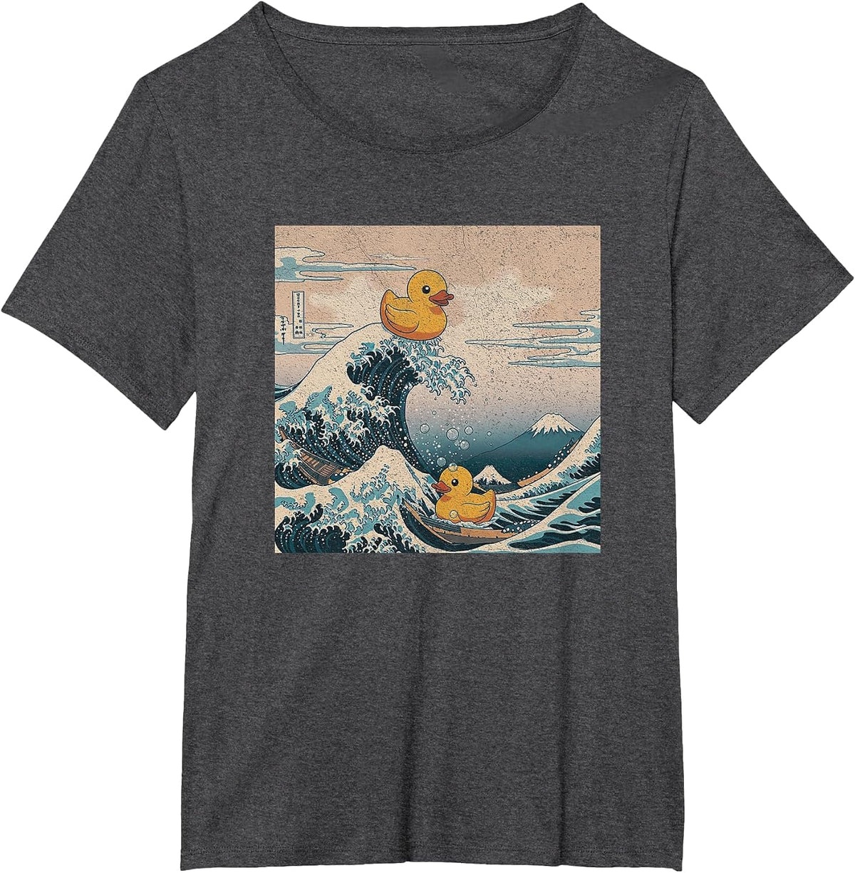 Great Wave with Rubber Ducks Funny Japanese Art Parod T-Shirt - Dark Heather Grey