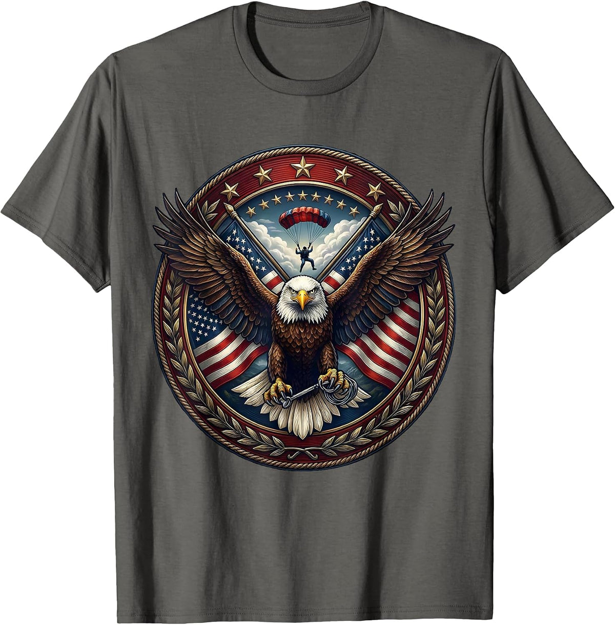 Men's Freedom Skydive Parachutist Sunlit Clouds Design T-Shirt - Asphalt Grey