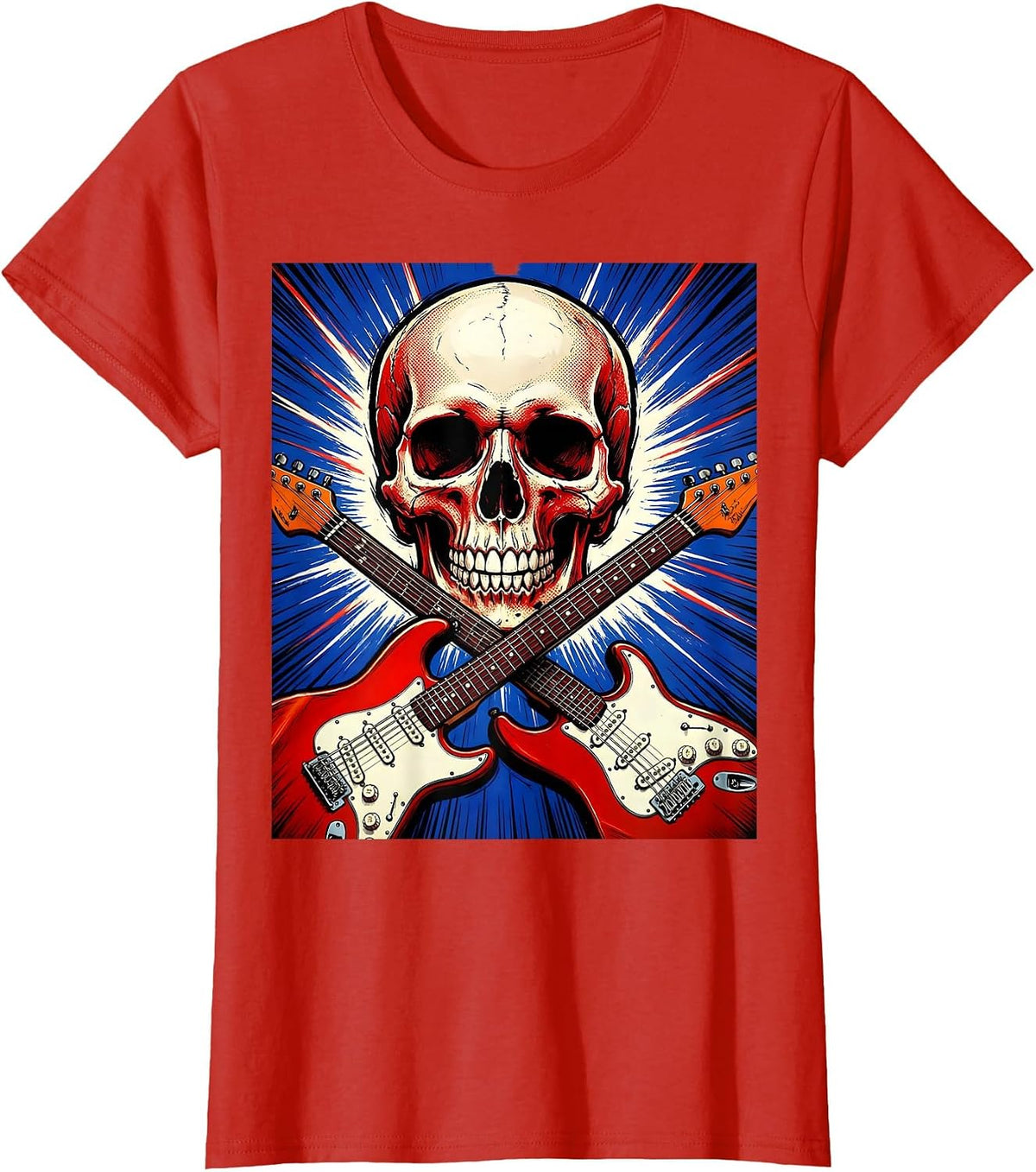 Skull Crossed Electric Guitars Rock Band Graphic T-Shirt - Red